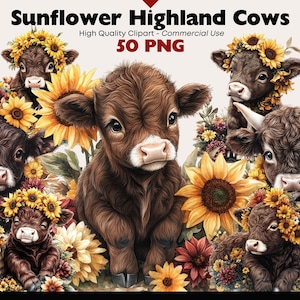 Op de afbeelding: Vijf bruine Highland-koeien met grote, slappe oren zijn omringd door zonnebloemen en andere wilde bloemen. De koeien kijken allemaal naar de camera. De afbeelding is een digitale illustratie.