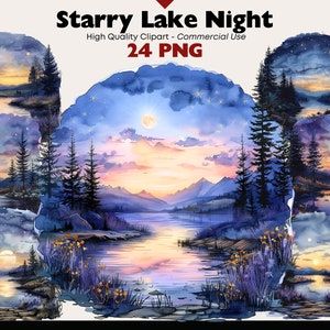 Whimsical Starry Night Clipart Pacote Fantasia Lago Aquarela Paisagem Clipart Digital Download Lago à Noite Png Papel Artesanato Scrapbooking