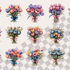 May include: A collection of 12 watercolour illustrations of bouquets of tulips in various colours, including pink, blue, yellow, and orange. The bouquets are tied with ribbons and have green leaves.