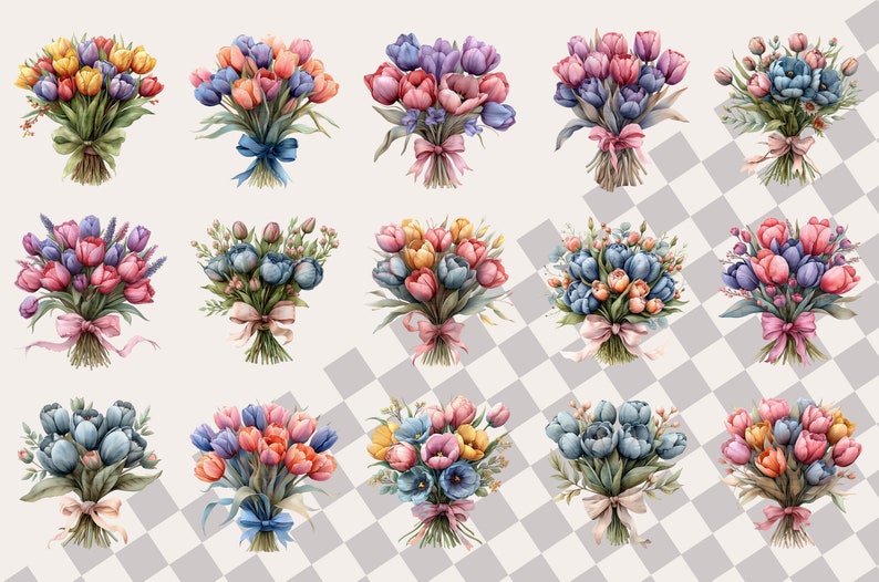 May include: A collection of 12 watercolour illustrations of bouquets of tulips in various colours, including pink, blue, yellow, and orange. The bouquets are tied with ribbons and have green leaves.