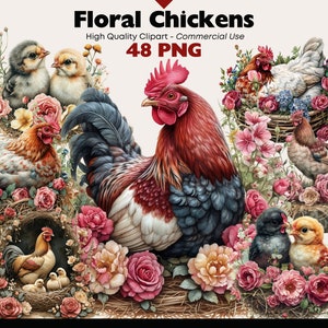 Paquete de imágenes prediseñadas de pollo con flores, gallo de granja PNG, imágenes prediseñadas de gallina estilo cottagecore, animal de granja campestre, sublimación imprimible, descarga instantánea