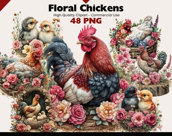 Floral Chicken Clipart Bundle, Farmhouse Rooster PNG, Cottagecore Hen Clip Art, Country Farm Animal, Printable Sublimation, Instant Download