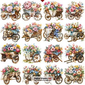 May include: Watercolor illustrations of floral arrangements in wooden carts. Each cart is overflowing with colorful flowers, including roses, tulips, and other blooms. The carts are decorated with ribbons and fabric, creating a charming, vintage aesthetic.