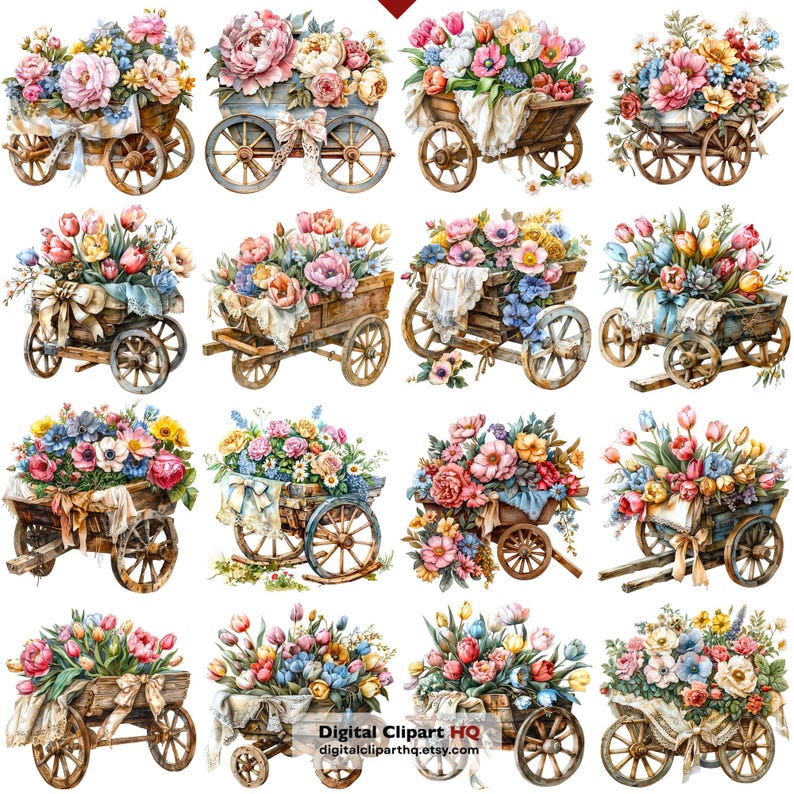 May include: Watercolor illustrations of floral arrangements in wooden carts. Each cart is overflowing with colorful flowers, including roses, tulips, and other blooms. The carts are decorated with ribbons and fabric, creating a charming, vintage aesthetic.