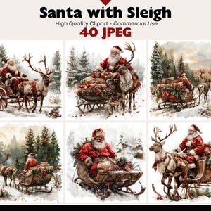 Santa's sleigh ride clipart bundel besneeuwde landschappen graphics digitale download jpeg vakantie aquarel kerstman clipart commercieel gebruik