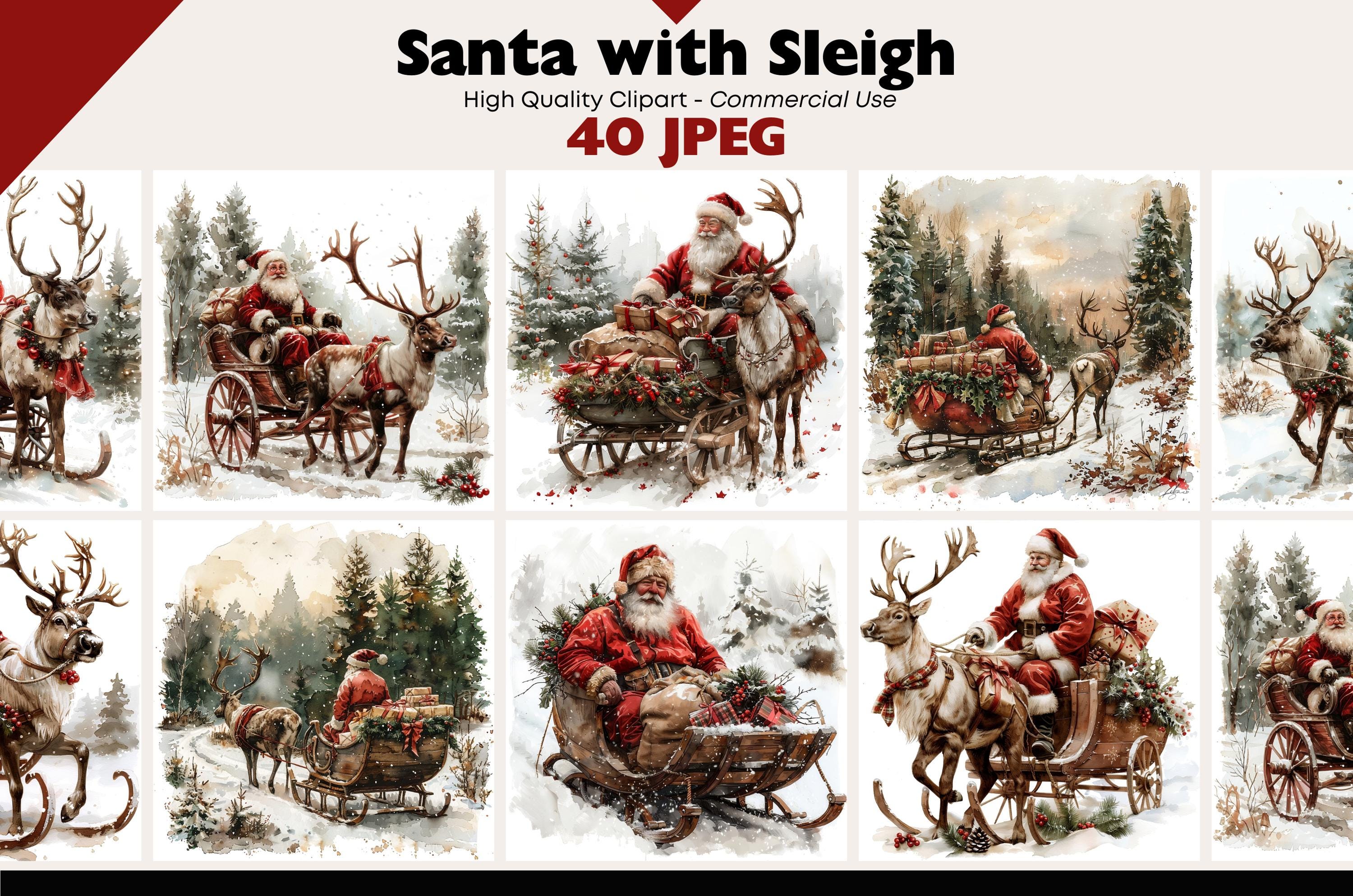 Santa's Sleigh Ride Clipart Bundle Snowy Landscapes Graphics Digital Download JPEG Holiday Watercolor Christmas Santa Clipart Commercial Use