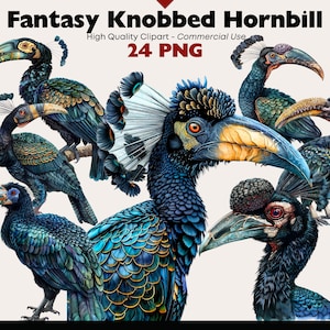 May include: A digital illustration of six fantasy knobbbed hornbills with blue, green, and gold feathers. The hornbills have large, colorful beaks and crests. The image is labeled "Fantasy Knobbbed Hornbill" and "24 PNG".