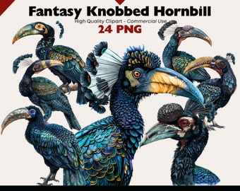 Knobbed Hornbill Clipart Bundle, Exotic Bird Art Watercolor, Tropical Bird Graphics, Wildlife Clipart, Jungle Bird PNG Digital Download