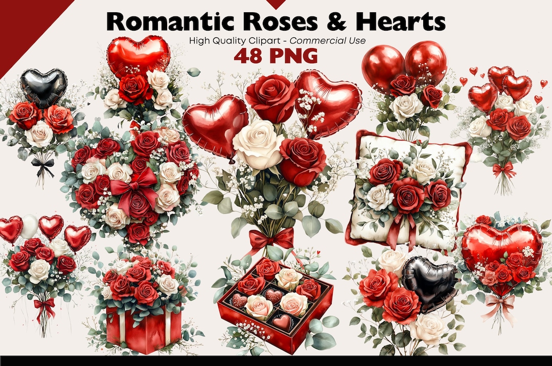Romantic Roses Clipart PNG, Valentine Floral Bouquets, Red Rose Heart ...