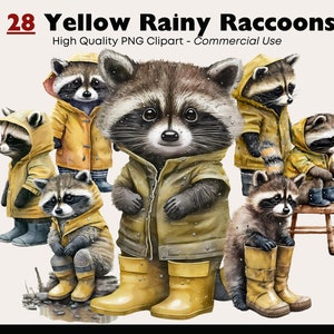 Regnerischer Waschbär Clipart Bundle, Gelber Regenmantel Aquarell Clipart Grafiken, Regnerischer Tag PNG Digitale Aufkleber, Character Design, Scrapbooking