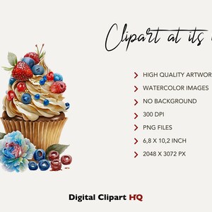 Puede incluir: Una ilustraci&oacute;n de acuarela de un cupcake con glaseado blanco, chispas doradas y una variedad de bayas. El cupcake est&aacute; sentado sobre un fondo blanco con una flor azul y ar&aacute;ndanos esparcidos a su alrededor.