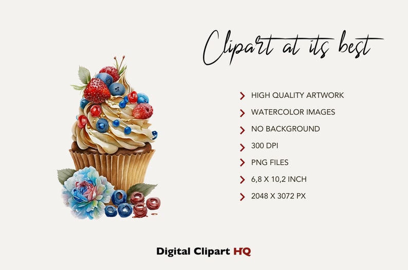 Puede incluir: Una ilustraci&oacute;n de acuarela de un cupcake con glaseado blanco, chispas doradas y una variedad de bayas. El cupcake est&aacute; sentado sobre un fondo blanco con una flor azul y ar&aacute;ndanos esparcidos a su alrededor.