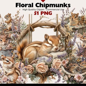 Floral Chipmunk Clipart bundel bos dieren aquarel Wildlife Png digitale download kwekerij eekhoorns afbeeldingen papier ambachten Scrapbooking