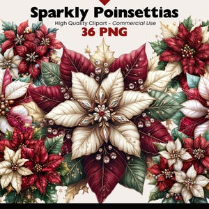 Peut inclure: Un bouquet de fleurs de poinsettia rouges et blanches avec des accents dorés scintillants. Les fleurs sont disposées en grappe et ont une ambiance festive et de fête.