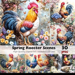 Rooster Clipart JPEG PNG Bundle, Spring Garden Rooster Scenes, Colorful Farm Chicken Art, Cottagecore Nursery Wall Art, Instant Download