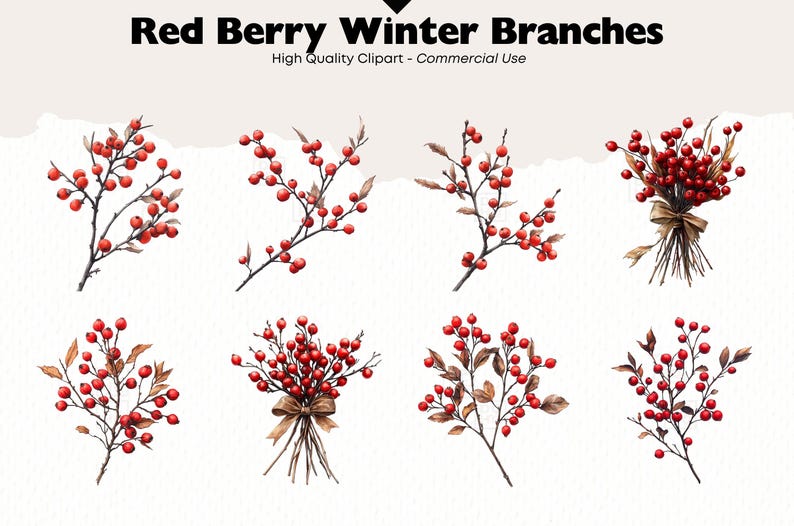 May include: Eight watercolor illustrations of red berry winter branches. The branches are brown and have red berries on them. Some of the branches are tied together with a brown ribbon.