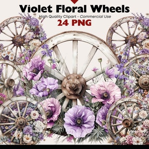 Fioletowe kwiatowe koła Clipart, zachodnia akwarela, rustykalne koło PNG, lawendowa farma Png, Junk Journal Flowers Digital Download, Scrapbooking