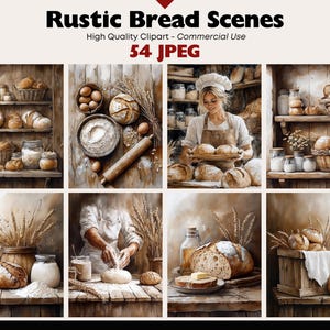Rustiek brood clipart, bakkerij keuken scènes, zelfgemaakte bakkunst, boerderij eten illustratie, afdrukbare jpeg-papier ambachten