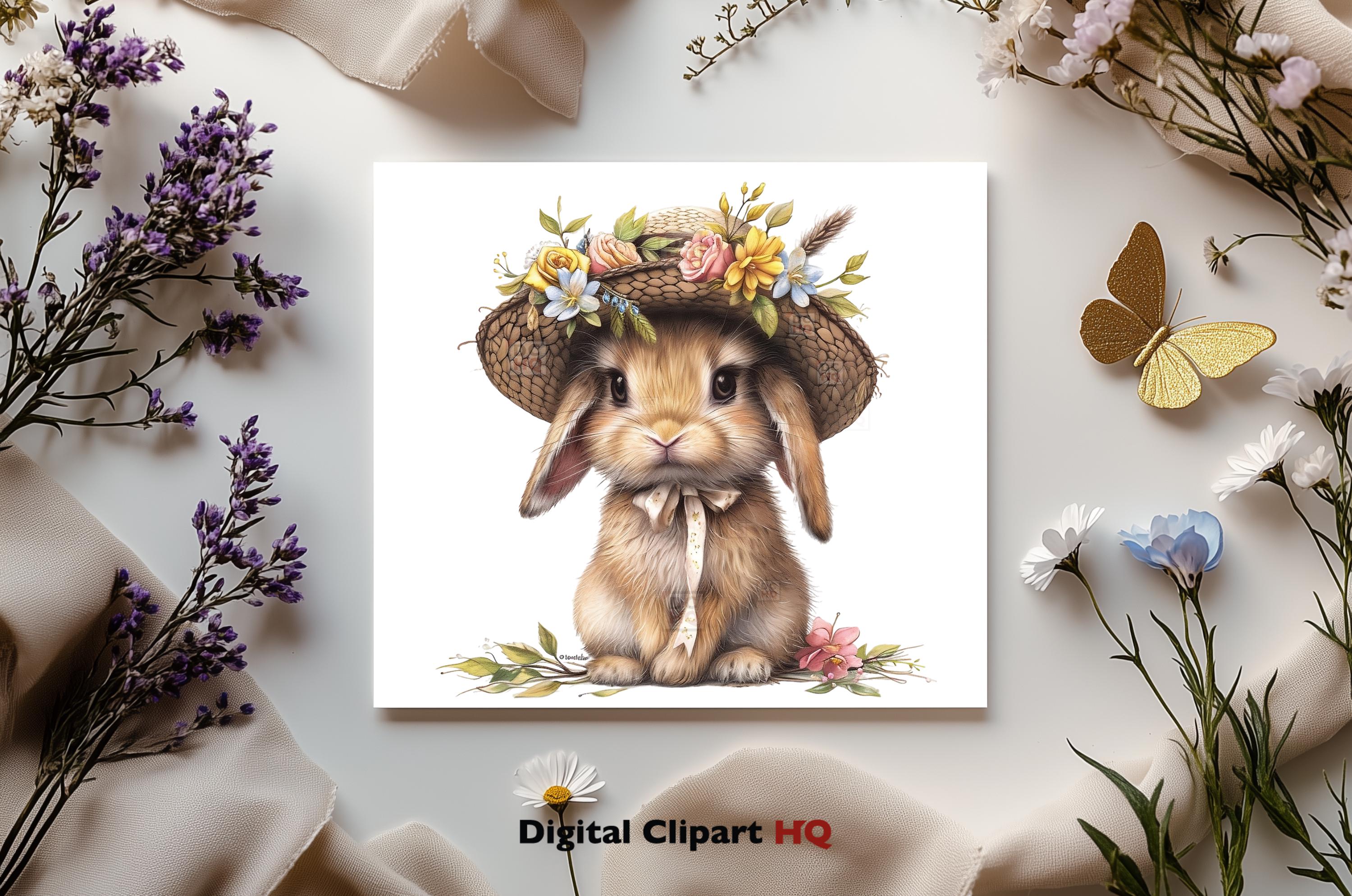Floral Easter Bunny Clipart Set, 18 PNG Spring Rabbit in Bonnet ...