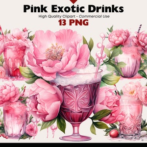 Pacchetto Clipart Cocktail rosa, Acquerello di bevande esotiche, PNG di bevande, Grafica di bevande floreali, Adesivi digitali, Scrapbooking, Diario spazzatura