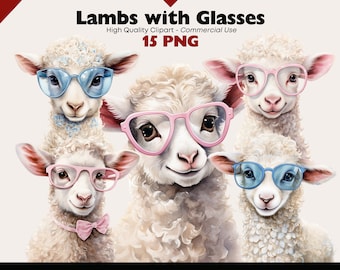 Lambs with Glasses Clipart Bundle, Cute Lamb PNG, Nursery Baby Sheep Watercolor Illustrations, Sheep PNG Digital Download, Lamb Clipart PNG