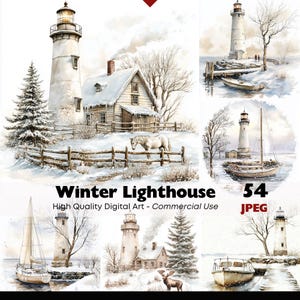 May include: Watercolor digital art featuring winter scenes with lighthouses, snow-covered houses, and sailboats. The image includes the text "Winter Lighthouse" and "54 JPEG". The artwork has a serene, wintry theme.