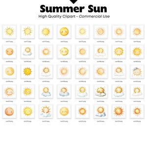 Puede incluir: Una colecci&oacute;n de im&aacute;genes predise&ntilde;adas de acuarela con varios dise&ntilde;os de sol. Las im&aacute;genes incluyen soles sonrientes, soles con nubes y diferentes estilos de rayos de sol. El texto en la parte superior dice "Summer Sun" y "High Quality Clipart - Commercial Use."