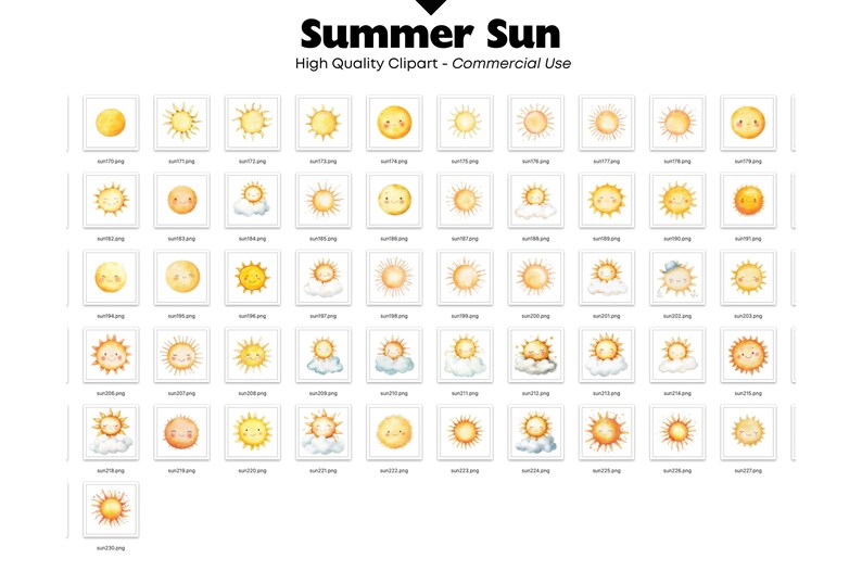 Puede incluir: Una colecci&oacute;n de im&aacute;genes predise&ntilde;adas de acuarela con varios dise&ntilde;os de sol. Las im&aacute;genes incluyen soles sonrientes, soles con nubes y diferentes estilos de rayos de sol. El texto en la parte superior dice "Summer Sun" y "High Quality Clipart - Commercial Use."