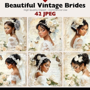 Paquete de imágenes prediseñadas de boda negra con hermosos gráficos JPEG de novias negras para invitaciones de boda, manualidades de papel para scrapbooking y diarios basura.