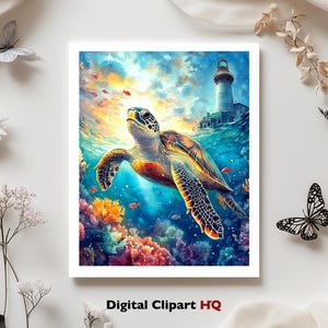 Puede incluir: Una vibrante impresi&oacute;n en acuarela de una tortuga marina nadando bajo el agua, con un faro al fondo. La obra presenta corales coloridos, peces y un cielo brillante. El texto "Digital Clipart HQ" est&aacute; en la parte inferior.