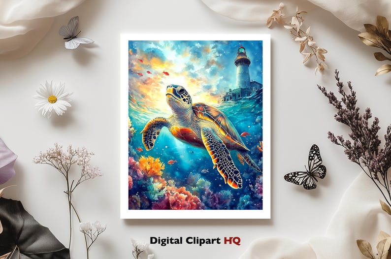 Puede incluir: Una vibrante impresi&oacute;n en acuarela de una tortuga marina nadando bajo el agua, con un faro al fondo. La obra presenta corales coloridos, peces y un cielo brillante. El texto "Digital Clipart HQ" est&aacute; en la parte inferior.