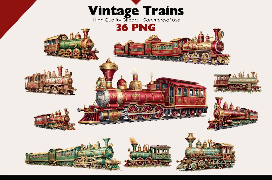 Vintage Train Clipart Bundle, Transportation PNG, Watercolor Locomotive ...