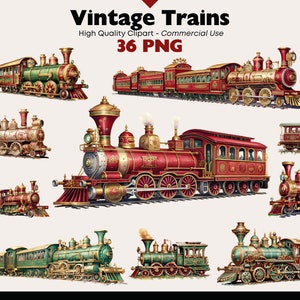Vintage Train Clipart Bundle, Transportation PNG, Watercolor Locomotive Illustrations, Holiday Retro Train PNG Invitation Graphics