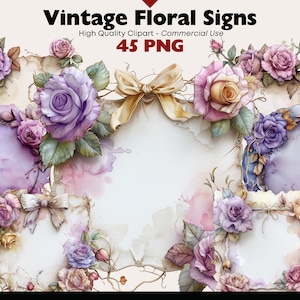 Bloemen vintage bord clipartbundel, beige scrapbooking teken aquarel, vintage bloemen papier illustratie digitale download, papier ambachten png