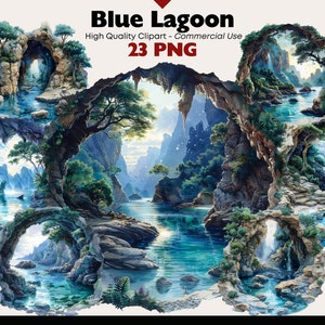 Puede incluir: Una ilustración digital de una laguna azul rodeada de exuberante vegetación verde y acantilados rocosos. La escena está enmarcada por una serie de arcos, creando una sensación de profundidad y misterio. El agua es de un azul turquesa vibrante, reflejando la luz del sol que se filtra a través de los árboles.