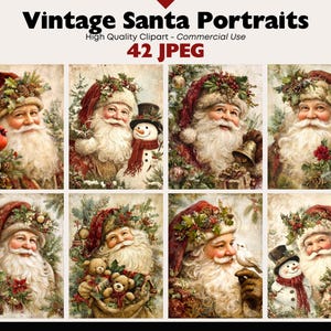 Peut inclure: Portraits vintage du Père Noël, présentés en grille. Chaque portrait montre le Père Noël avec une barbe blanche, portant un chapeau et un manteau rouges. Certains portraits incluent un bonhomme de neige, des oiseaux ou des cadeaux. Le texte "Vintage Santa Portraits" est en haut.