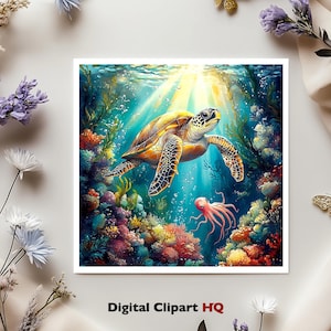 Puede incluir: Una vibrante impresi&oacute;n de arte digital que presenta una tortuga marina nadando en un colorido arrecife de coral. La obra de arte muestra una detallada escena submarina con un pulpo y rayos de sol. El texto "Digital Clipart HQ" est&aacute; en la parte inferior.