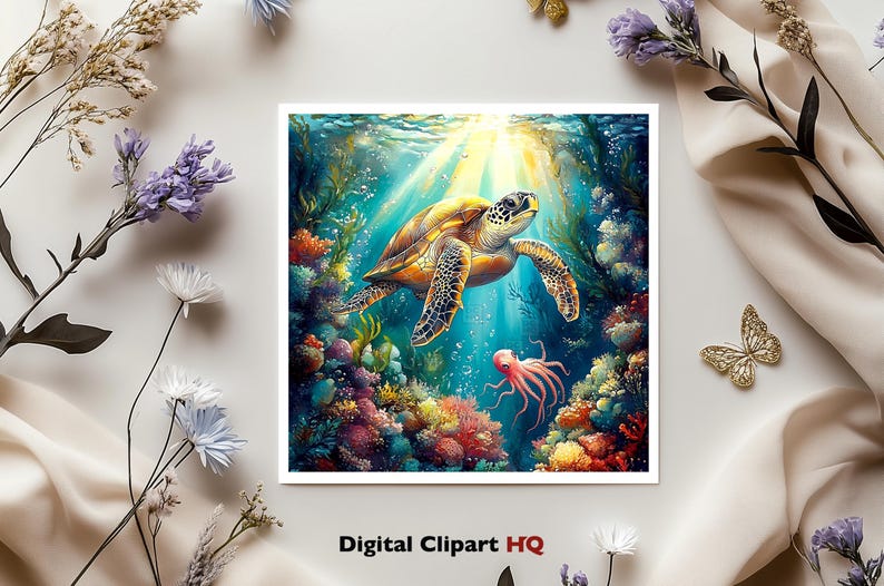 Puede incluir: Una vibrante impresi&oacute;n de arte digital que presenta una tortuga marina nadando en un colorido arrecife de coral. La obra de arte muestra una detallada escena submarina con un pulpo y rayos de sol. El texto "Digital Clipart HQ" est&aacute; en la parte inferior.