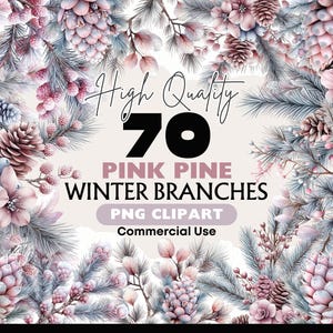 70 Clipart di rami di pino rosa Acquerello Pino invernale PNG Decorazioni per le feste Rami spogli Grafica Pigne di Natale Elementi ad acquerello