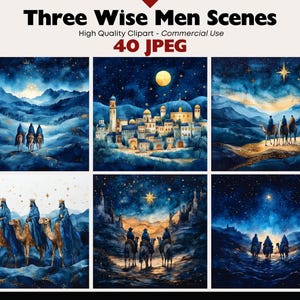 Three Wise Men Scene Clipart Bundle Nativity Scene Graphics Digital Download JPEG Holiday Art Watercolor Christmas Clipart Commercial Use