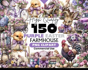 Paquete de imágenes prediseñadas de granja de Pascua, animales de primavera, descarga digital, PNG, gráficos de Pascua, uso comercial, acuarela, manualidades con papel, álbumes de recortes