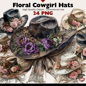Vintage Cowgirl-Hut Clipart-Bundle, Floral Cowgirl-Hut Png-Grafik, Western bedruckbar, Cowboy Hut Clipart, Hochzeit Cowgirl PNG Aquarell