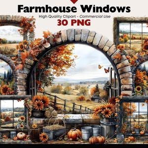 Puede incluir: Un conjunto de 30 imágenes de clipart digital que presentan ventanas de granero con follaje de otoño y vistas panorámicas. Las ventanas están enmarcadas en piedra y rodeadas de hojas de otoño. Las imágenes son perfectas para manualidades, scrapbooking y proyectos de diseño digital.