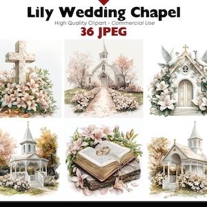 May include: A collection of 36 digital images featuring a white wedding chapel with lily flowers. The images are high quality and suitable for commercial use.
