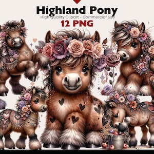 Clipart poney Highland, mignon cheval Highland PNG, illustrations de clipart animaux de la ferme, poney écossais PNG en téléchargement numérique, cheval imprimable