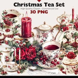 Conjunto de chá de Natal vintage Clipart Bundle Gráficos tradicionais de inverno Download digital Vintage Tea Party Aquarela Clip art Feriado Yuletide