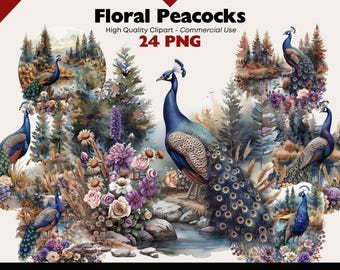 Blommig påfågel Clipart-paket akvarell, nyckfull natur PNG-grafik, digital nedladdning, Cottagecore fågel, akvarellpapper, hantverkskonst