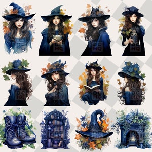 May include: A digital collage of 15 images featuring witches, crows, and magical objects. The images are set against a checkered background and include a variety of colors, including blue, green, and brown.