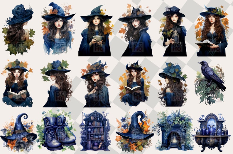 May include: A digital collage of 15 images featuring witches, crows, and magical objects. The images are set against a checkered background and include a variety of colors, including blue, green, and brown.