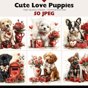 Love Puppies JPEG Clipart Bundle Valentine’s Day Dogs Digital Download Vintage Graphics Love Dog Scrapbooking Junk Journal Commercial Use